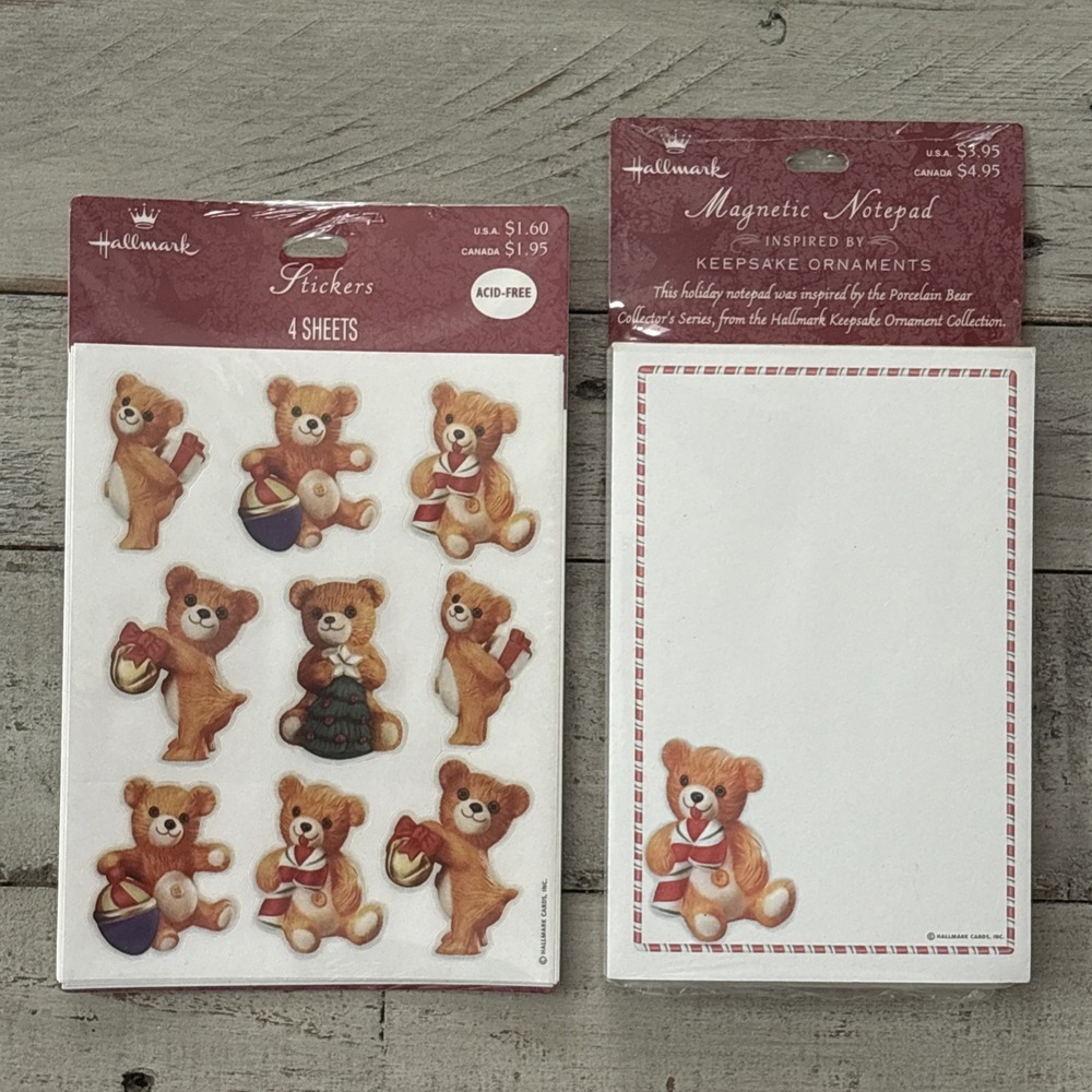 Hallmark 1990's VTG Magnetic Porcelain Bear Christmas Notepad & Stickers